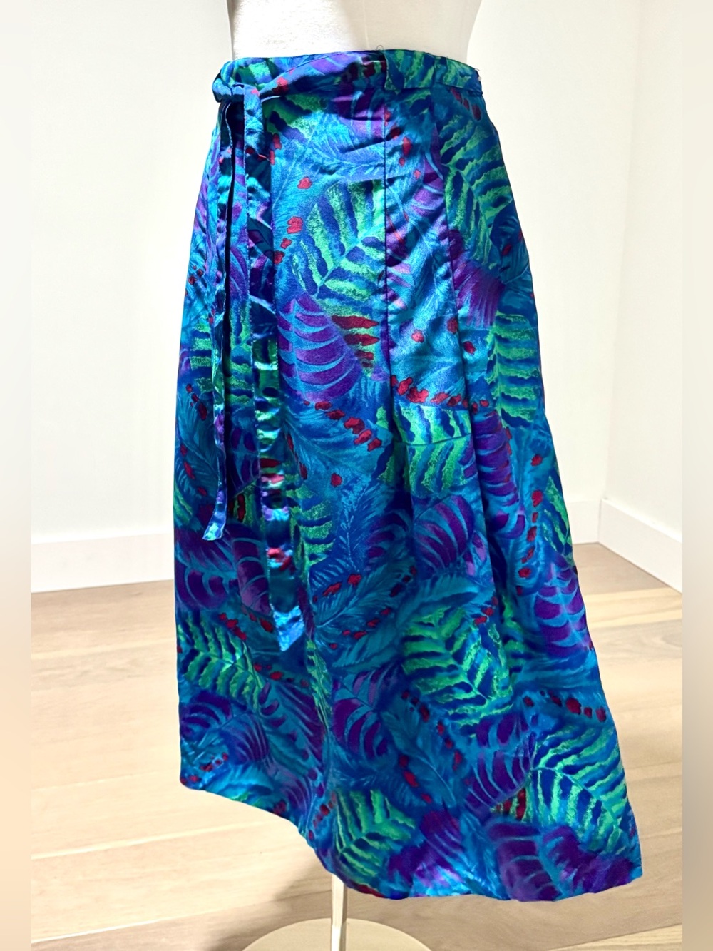 Vintage Maren Woman Tropical Leaf Print Maxi Skirt Blue Teal Size 20 Tie Front